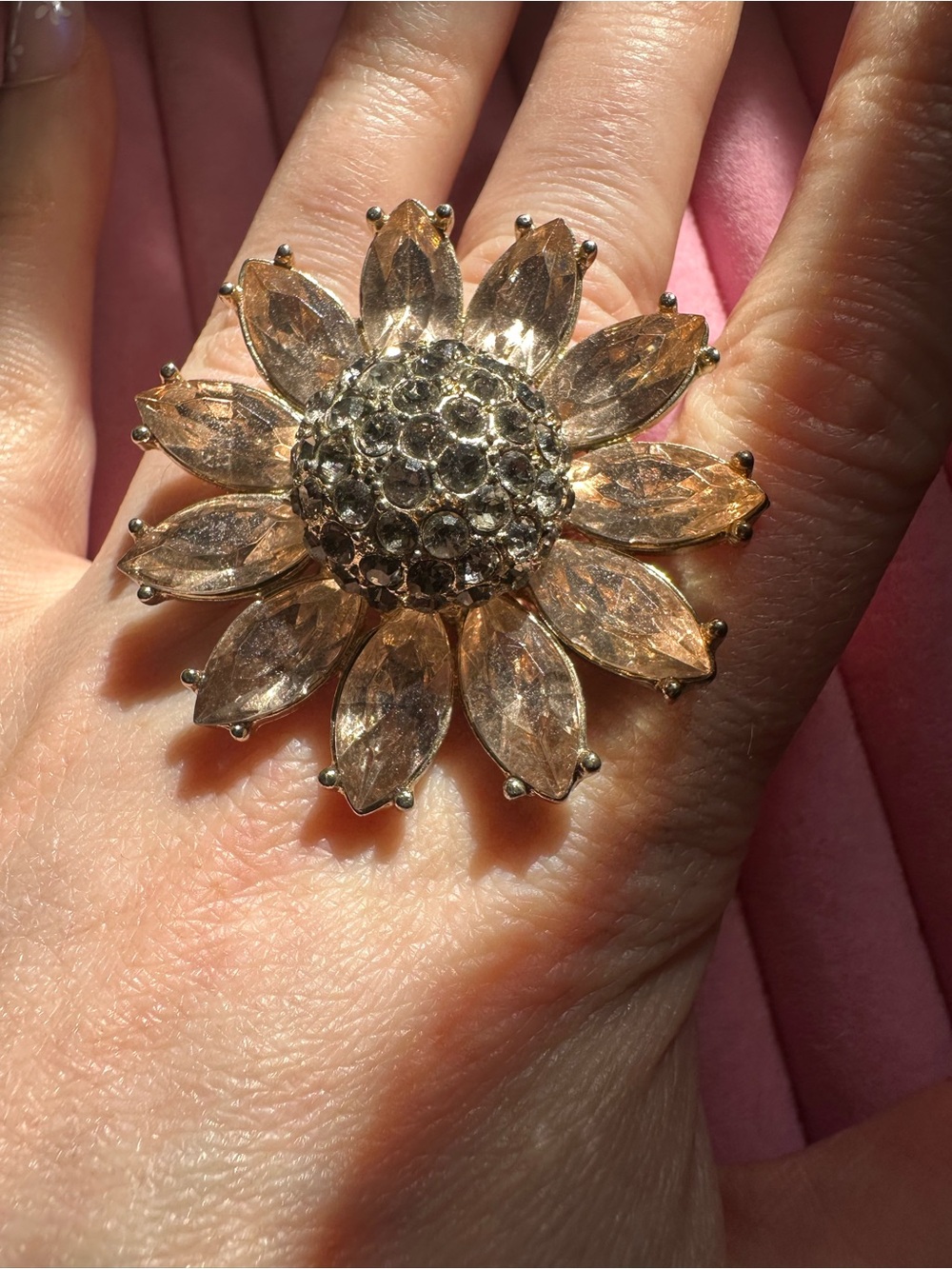 Sparkly Sunflower Rhinestone Cocktail Ring - Picture 15 of 17